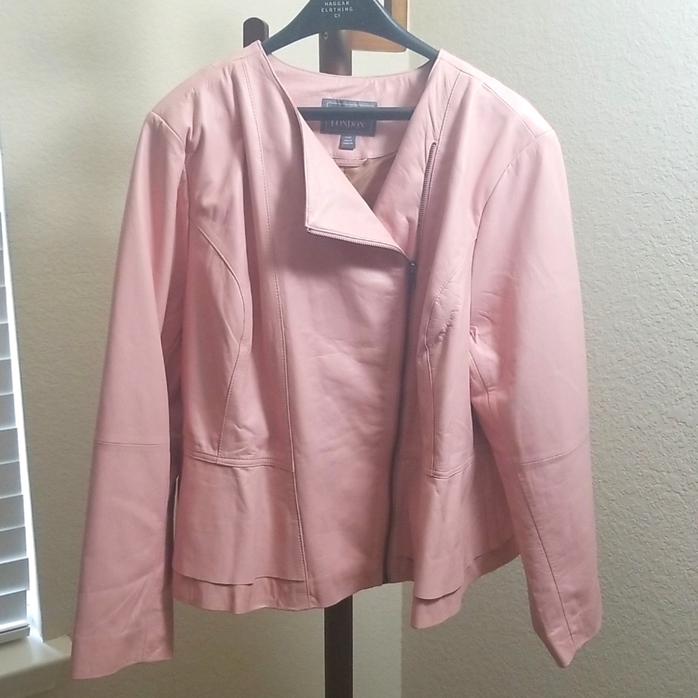 Pink Leather peplum moto jacket